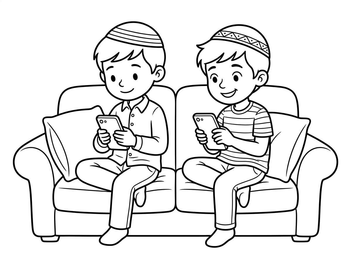 תכין לי דף צביעה של 2 ילדים עם כיפה יושבים על הספה וכל אחד משחק בפלאפון שלו