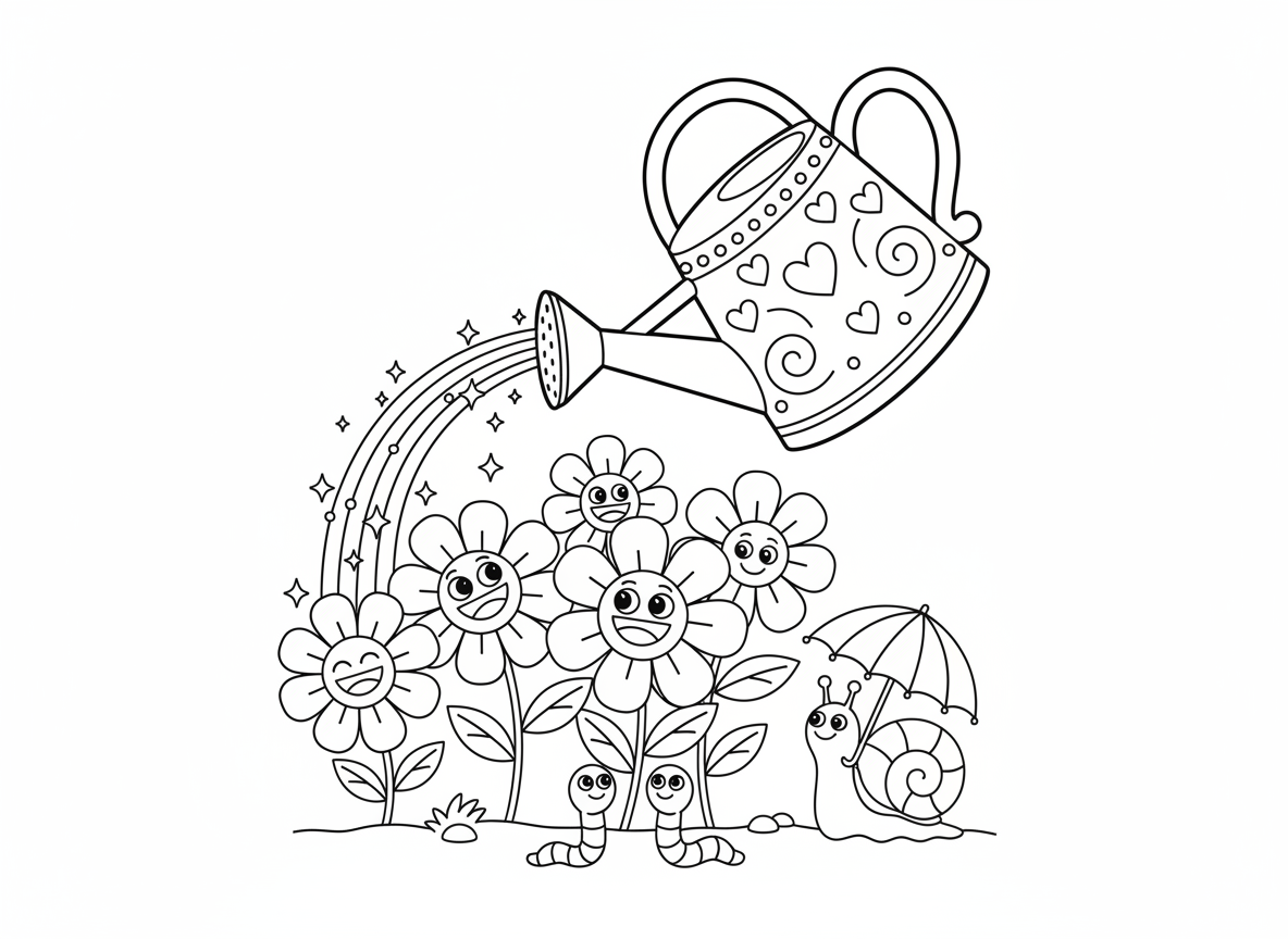 משפך משקה גן פרחים - משפך ענק מקושט מוזג מים קסומים נוצצים על גינה, פרחים מתמתחים לשתות, פרצופי פרחים שמחים, קשת בענן בריסוס המים, תולעים מציצות, חילזון עם מטרייה