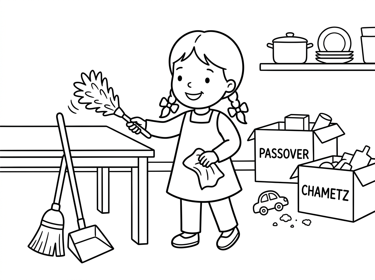 תיצור לי דף צביעה של ילדה שמנקה את הבית לפסח