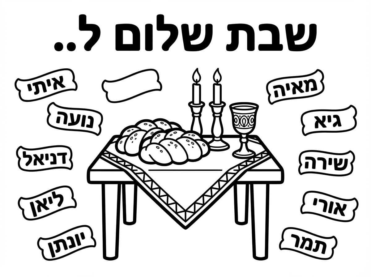 אמשח לי צביעה עם שמות ילדי הגן, שבת שלום ל.. ושם הילד