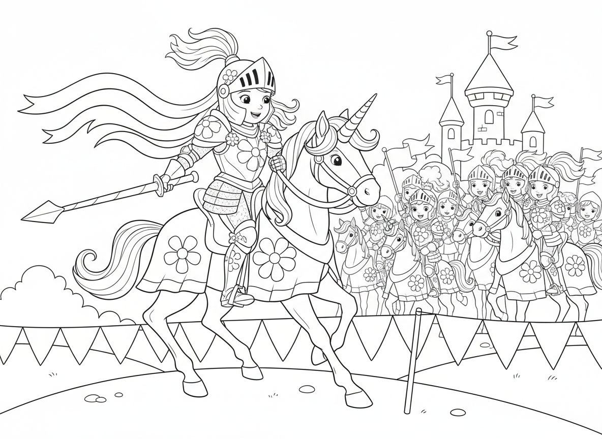 נסיכה אבירה בטורניר דו-קרב - נסיכה בשריון מבריק עם קישוטי פרחים מתחרה בטורניר דו-קרב, רוכבת על חד קרן במקום סוס, חנית מקושטת בסרטים, קהל מריע, נסיכות אבירות נוספות