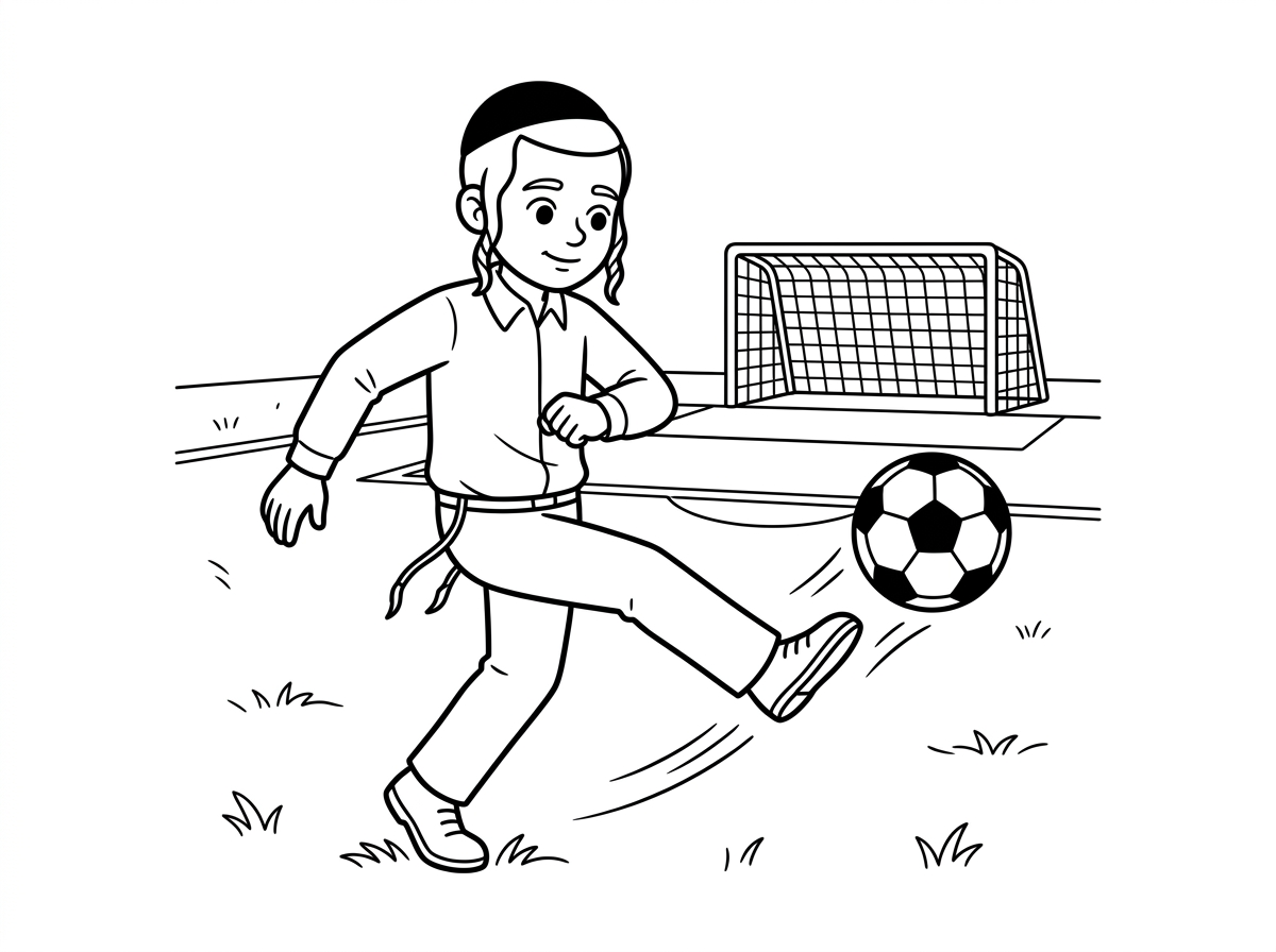 תיצור לי איור של ילד חרדי בן 13 משחק כדורגל במרגש בועט בכדור