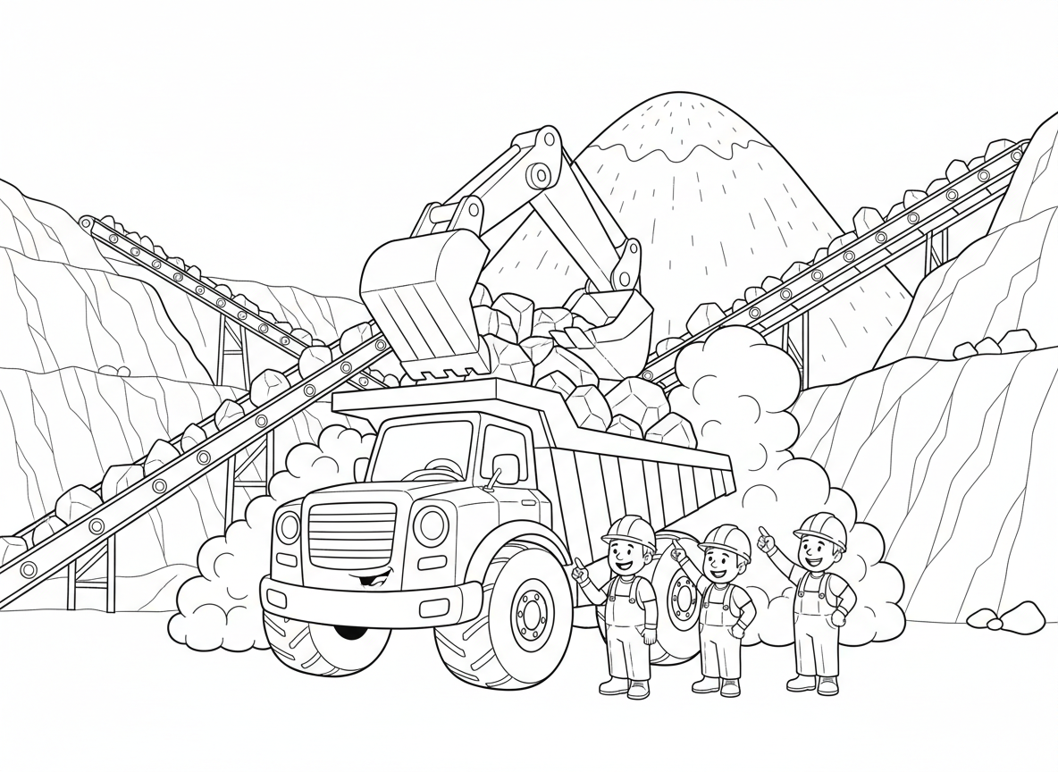 משאית מזרקת במחצבה - משאית מזרקת מאסיבית נטענת בסלעים במחצבה, חפרן ענק ממלא את הארגז, עננים של אבק, עובדים עם קסדות, הר חצץ, קירות מחצבה תלולים, מסועים