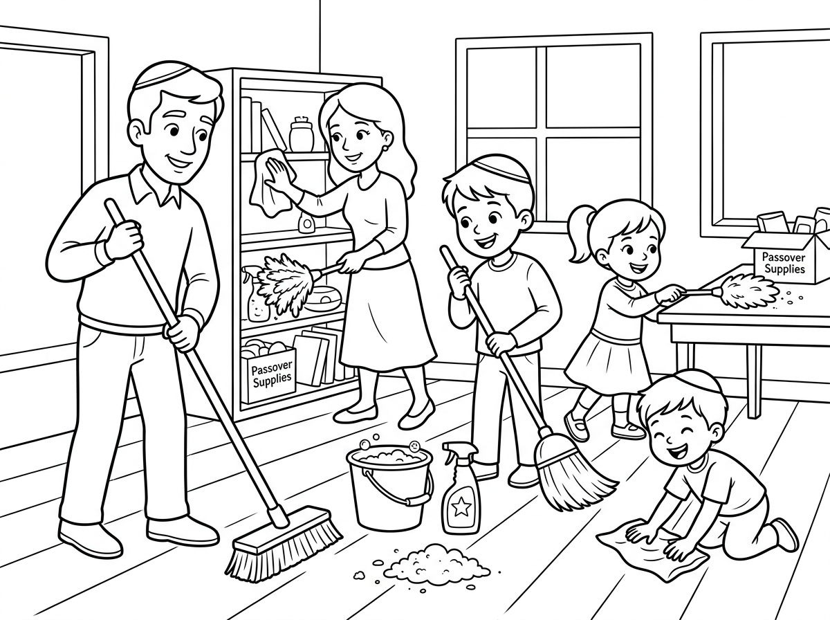 משפחה של 3 ילדים עם אבא ואמא שמנקים לפסח