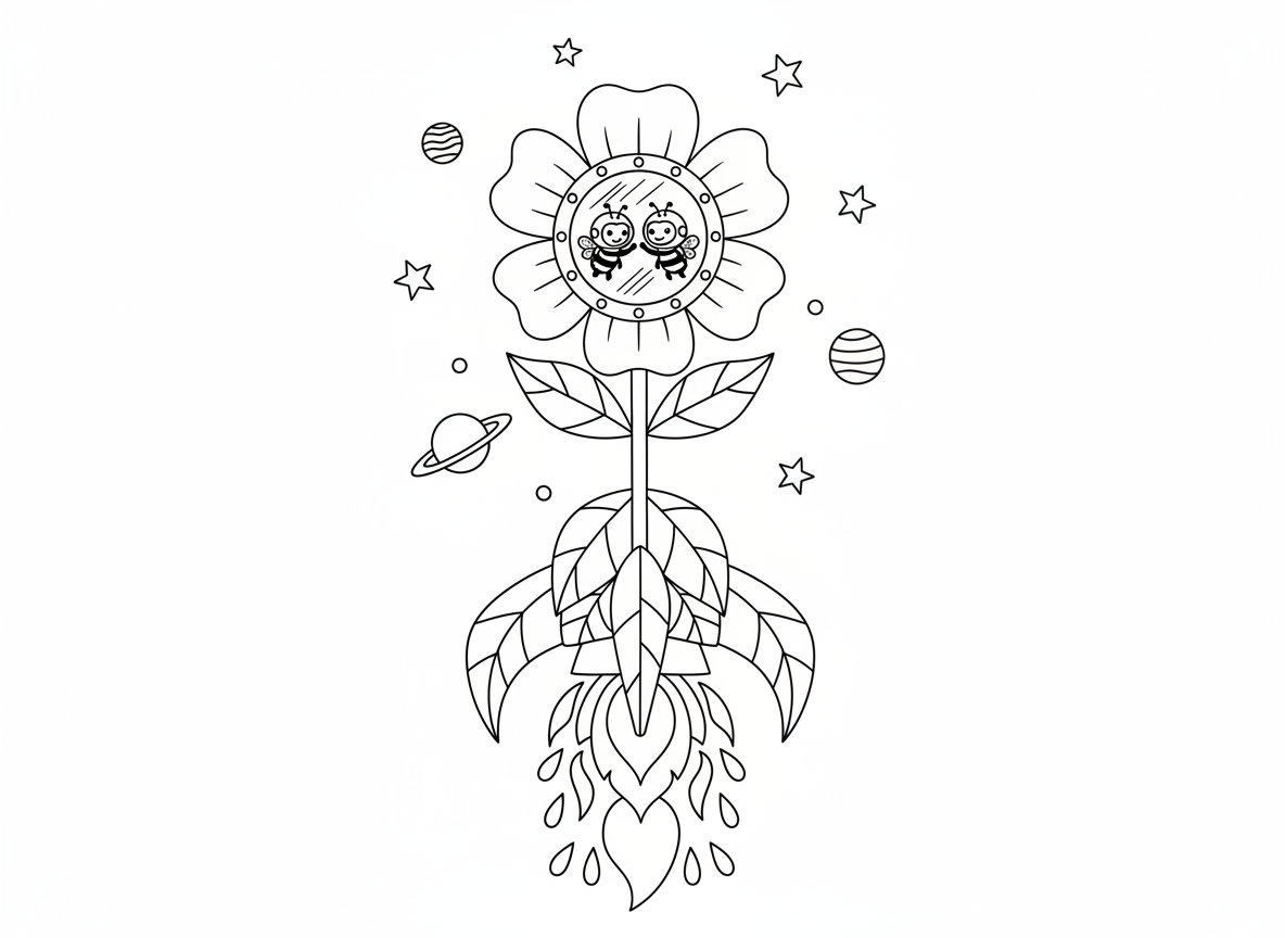 רקטת פרח ממריאה - חללית עשויה מפרח גבוה ממריאה לחלל, להבה מעלי כותרת אדומים וכתומים, דבורות אסטרונאוטיות בפנים, גבעול כגוף הרקטה, עלים כסנפירים, כוכבים וכוכבי לכת מלפנים