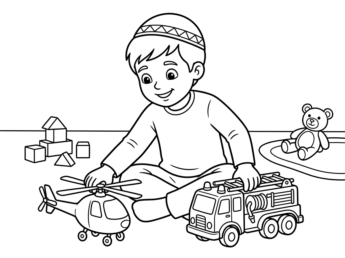 תכין לי דף צביעה של ילד עם כיפה שמשחק בפליימוביל של מסוק וכבאית