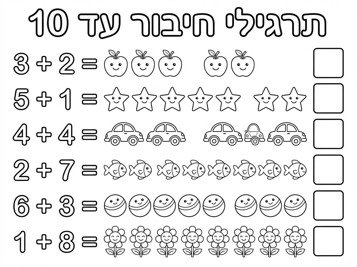 דף תרגילי חיבור עד 10