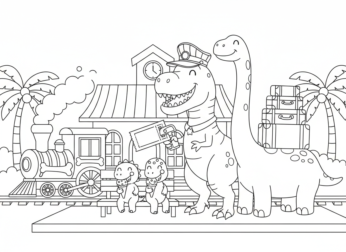 תחנת רכבת לדינוזאורים
טי־רקס עם כובע כרטיסן, ברכיוזאור שמחזיק מזוודות, ותינוקות דינוזאור אוכלים גלידה על הרציף.