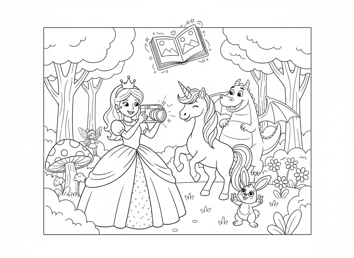 נסיכה צלמת מצלמת יצורים קסומים - נסיכה עם מצלמה נוצצת מצלמת יצורים קסומים ביער, חד קרן מדגמן, דרקון עושה פוטובומב, פייה מתחבאת מאחורי פטרייה, ארנב עושה סימן שלום, אלבום תמונות מרחף