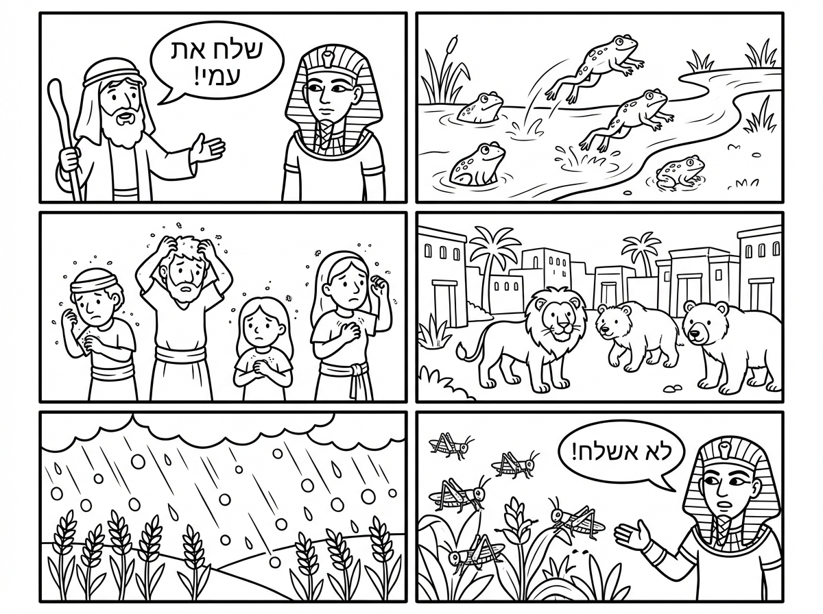 צור לי דף ציור  קומיקס על עשרת המכות במצרים , אבל כן עם ציור של תיבת שיחה בין בני ישראל למיצרים , הרבה פרטים בסדר כרונולוגי , מושקע ועל פי היהדות