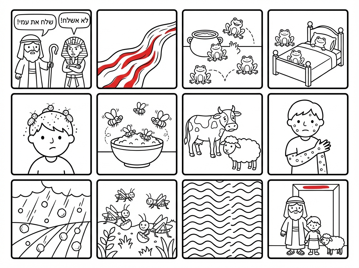 צור לי דף ציור  קומיקס על עשרת המכות במצרים עם כול ה 10 מכות- מסודרים עפ הסדר הכרונולוגי. אבל כן עם ציור של תיבת שיחה בין בני ישראל למיצרים. , מושקע ועל פי היהדות