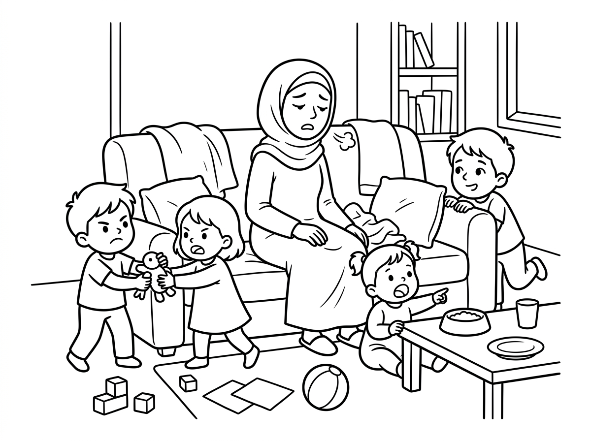 אשמח לציור של אמא לבושה בצניעות עם מטפחת עייפה ועצבנית בגלל המלחמה וכל הילדים סביבה רעבים ורבים והבית מבולגן