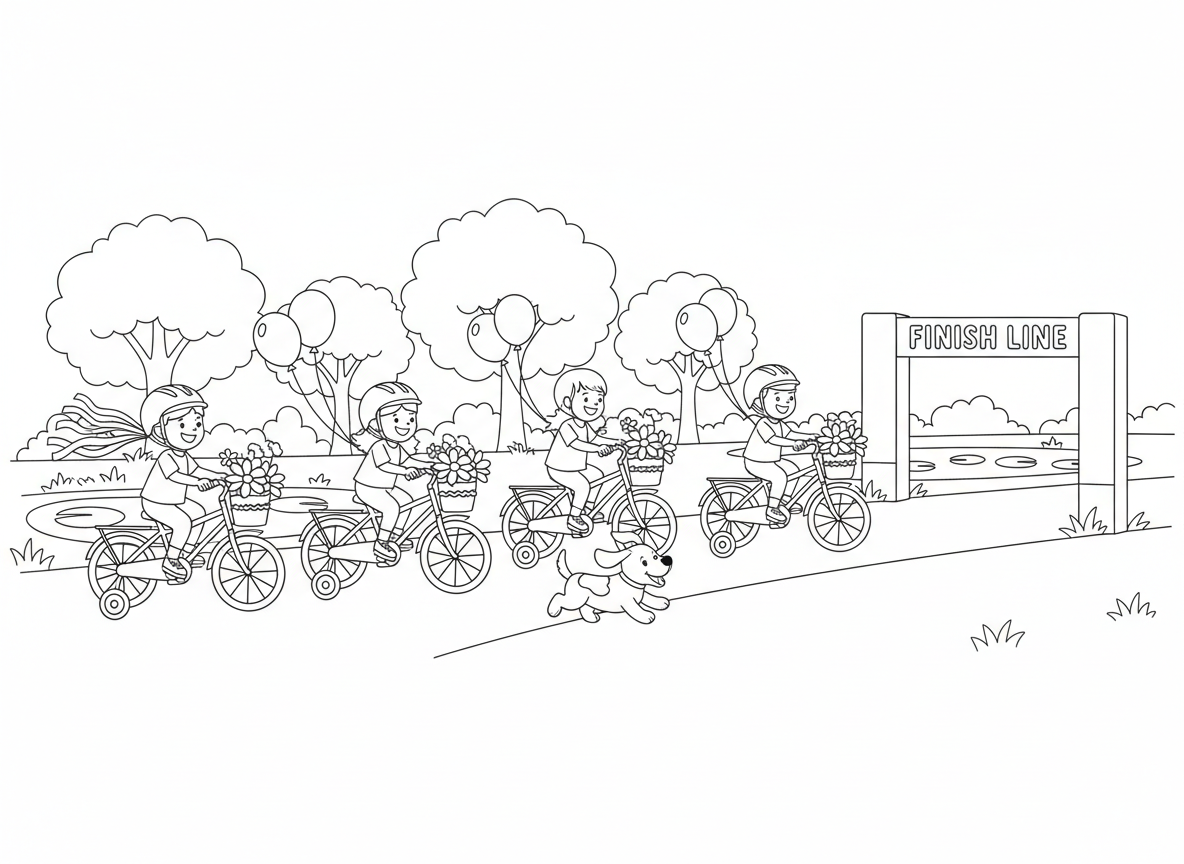 מצעד אופניים בפארק - ילדים רוכבים על אופניים מקושטים במצעד בפארק, סרטים ובלונים על אופניים, סלים עם פרחים, גלגלי עזר על חלקם, כלב רץ לצד, עצי פארק ובריכה, שער קו סיום