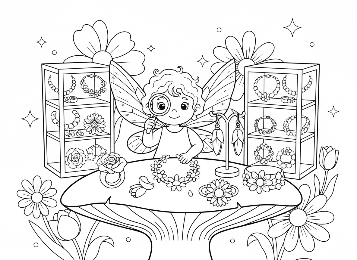 סדנת תכשיטי פרחים - סדנה שבה פרחים הופכים לתכשיטים, שרשראות שרשרת חינניות, טבעת ורד, עגילי צבעוני, סיכת חמנייה, צמיד עלי כותרת, פיית תכשיטנית זעירה עם זכוכית מגדלת, ארונות תצוגה