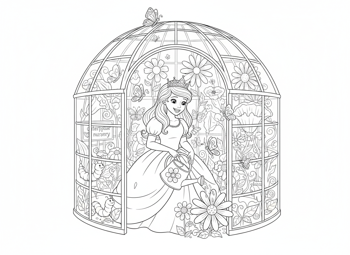 נסיכה גננת עם חממת פרפרים - נסיכה מטפחת חממת זכוכית יפהפיה מלאה פרפרים בכל צבע וגודל, פרחים אקזוטיים, משקה עם משפך קריסטל, פינת גידול זחלים, פרפר נוחת על הכתר שלה