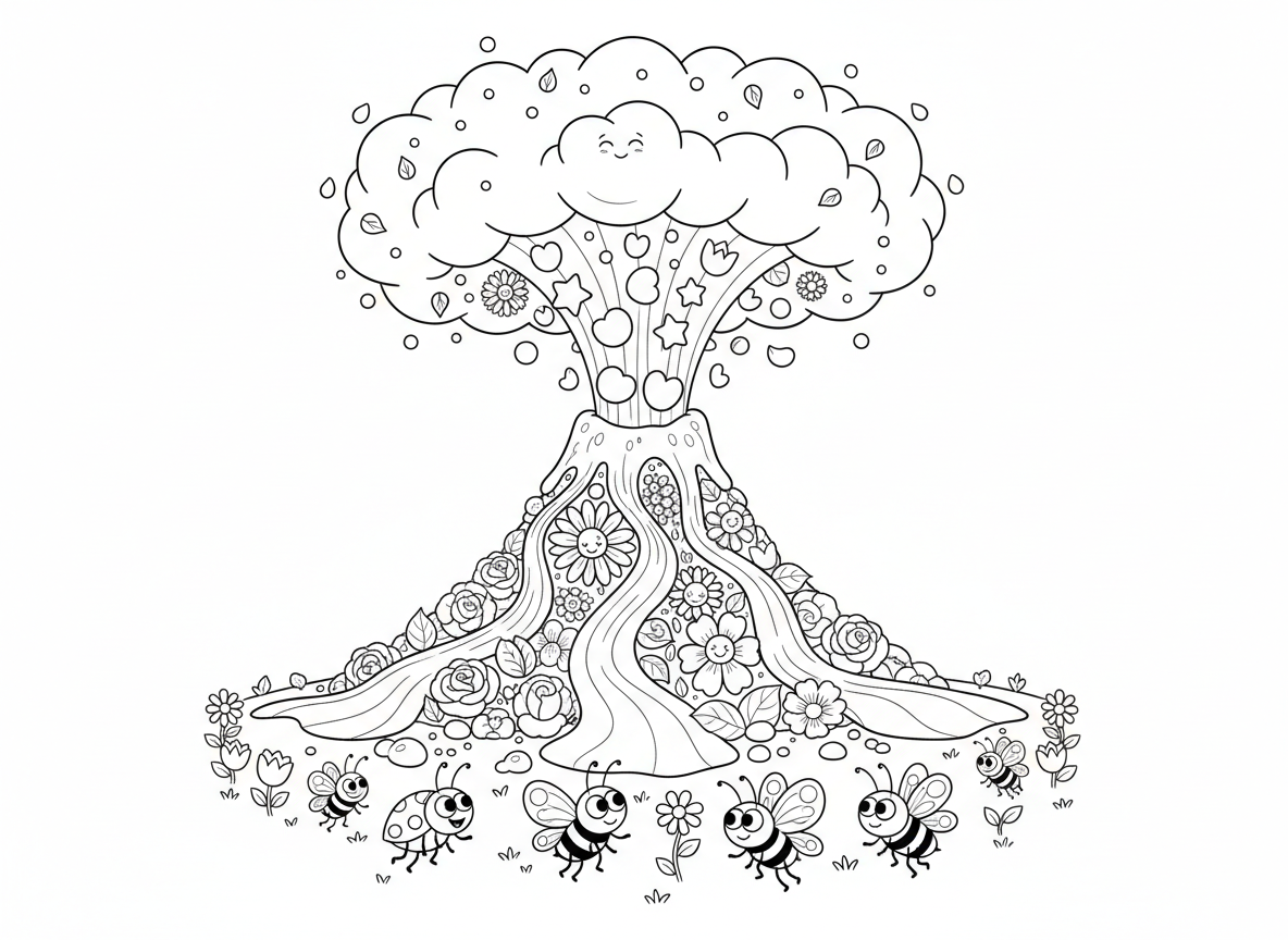 הר געש פרחים מתפרץ עלי כותרת - הר געש עשוי פרחים מתפרץ עלי כותרת צבעוניים במקום לבה, נהרות עלי כותרת זורמים, לבת פרחים, ענן אפר זרעים, חרקים בורחים בשמחה, פרחים חדשים גדלים היכן שעלים נוחתים