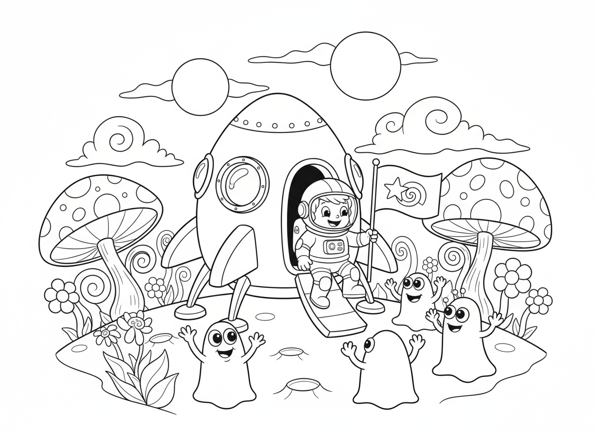 חללית נוחתת על כוכב חייזרים - חללית עתידנית נוחתת על כוכב חייזרים צבעוני, מתקני נחיתה יוצאים, יצורים חייזרים מנופפים בברכה, צמחים ופטריות מוזרים, שני שמשות בשמיים, אסטרונאוט יוצא, נטיעת דגל