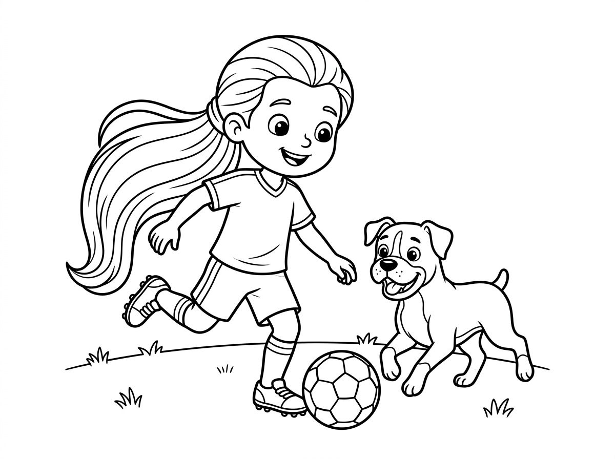 ילד עם שיער ארוך מאד שמשחק כדורגל עם כלבת בוקסר
