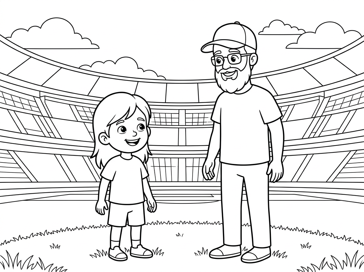 ילד עם שיער ארוך ואבא שלו עם משקפיים וכובע מצחייה וזקן באצטדיון כדורגל במרכז הדשא