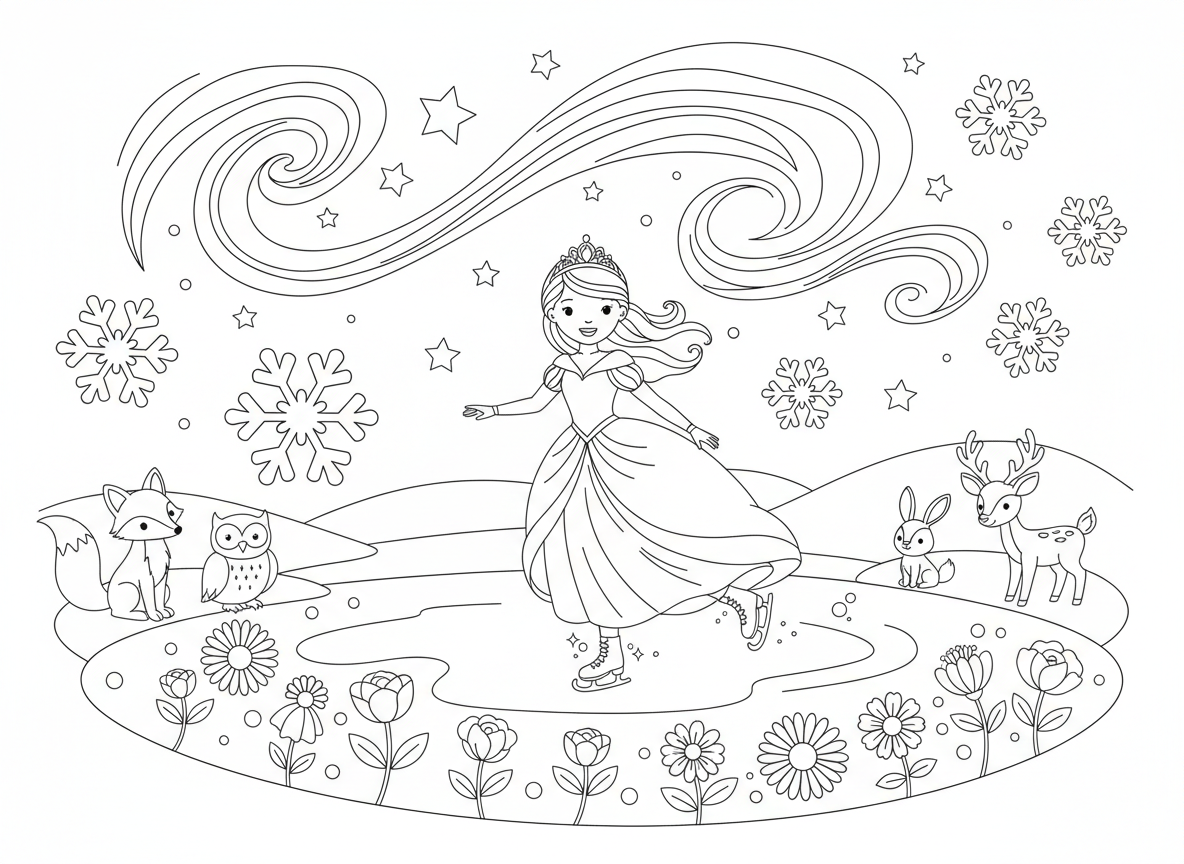 נסיכה מחליקה על אגם קפוא קסום - נסיכה מחליקה על הקרח בחן על אגם קפוא קסום עם פרחים קפואים מתחת, מחליקי קרח נוצצים, פתיתי שלג רוקדים סביבה, חיות יער חורפיות צופות, זוהר צפוני מעל