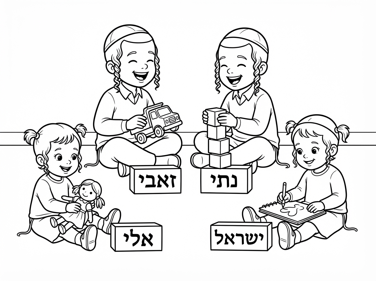 "לצייר ציור של ארבע ילדים בסגנון חסידי, שתי ילדים עם פאות מסולסלות ושתי ילדים קטנים עם קוקיות, יושבים ביחד ומשחקים. ויהיה כתוב 'זאבי', 'נתי', 'אלי' ו'ישראל'".