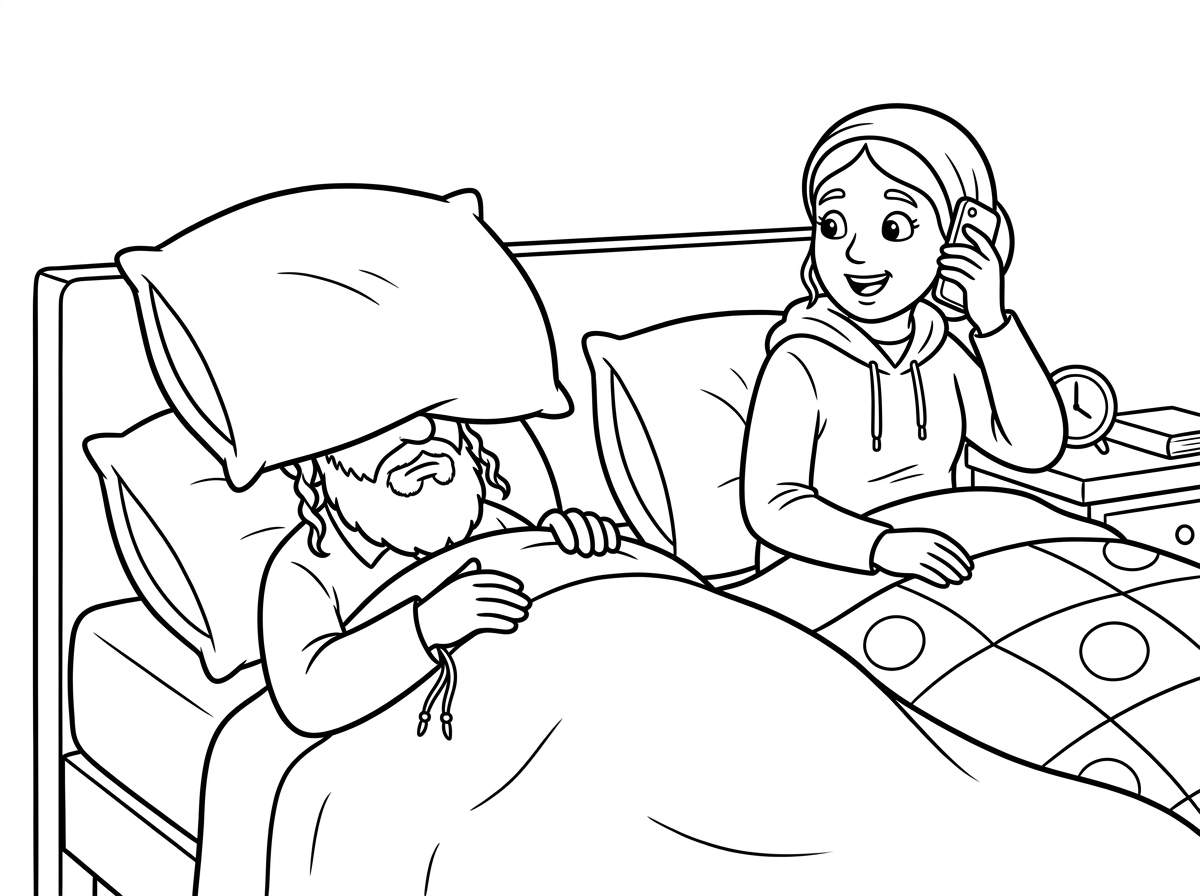 מישהו עייף וממש רוצה
 לישון 
ואישתו מדברת בפלאפון
אישתו צנועה ולבושה עם קפוצ'ון אבל הם חרדים