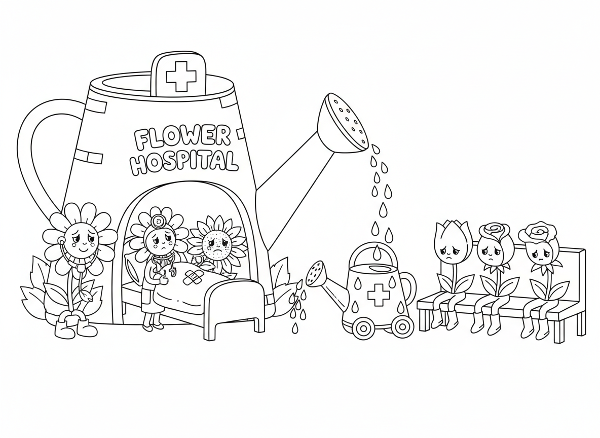 בית חולים לפרחים כמושים - בית חולים חמוד שפרחים כמושים מקבלים טיפול, חיננית רופאה עם סטטוסקופ, חמנייה במיטה מקבלת השקייה, ורד עם עלי כותרת חבושים, אמבולנס משפך, חדר המתנה עם פרחים רפויים