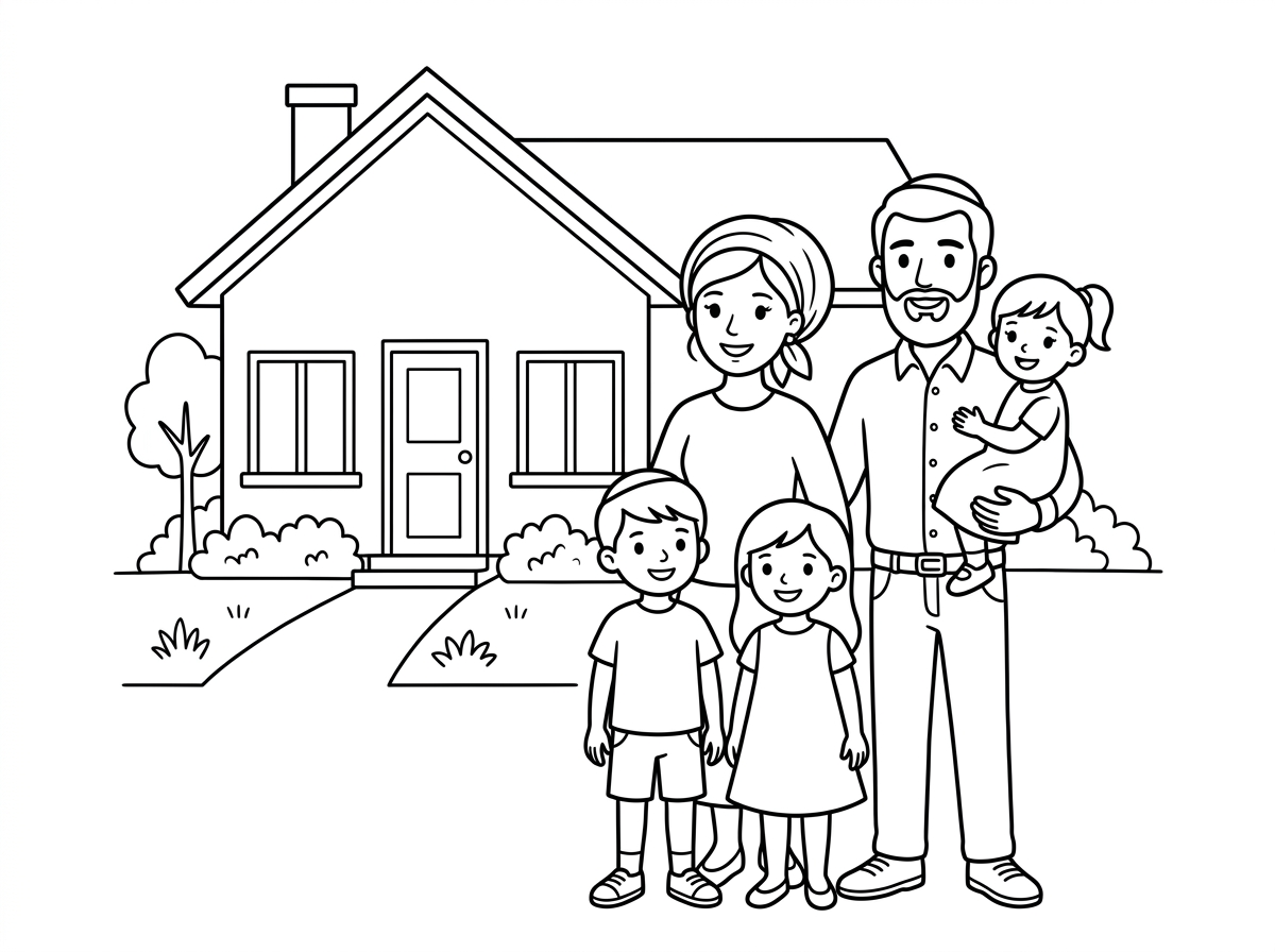 היי אשמח תעשה לי דף צביעה של משפחה שיש אבא , אמא (עם מטפחת על הראש) , ילדה, ילד וילדה קטנה. משפחה דתית לאומית.
עם רקע חמוד של בית כזה..