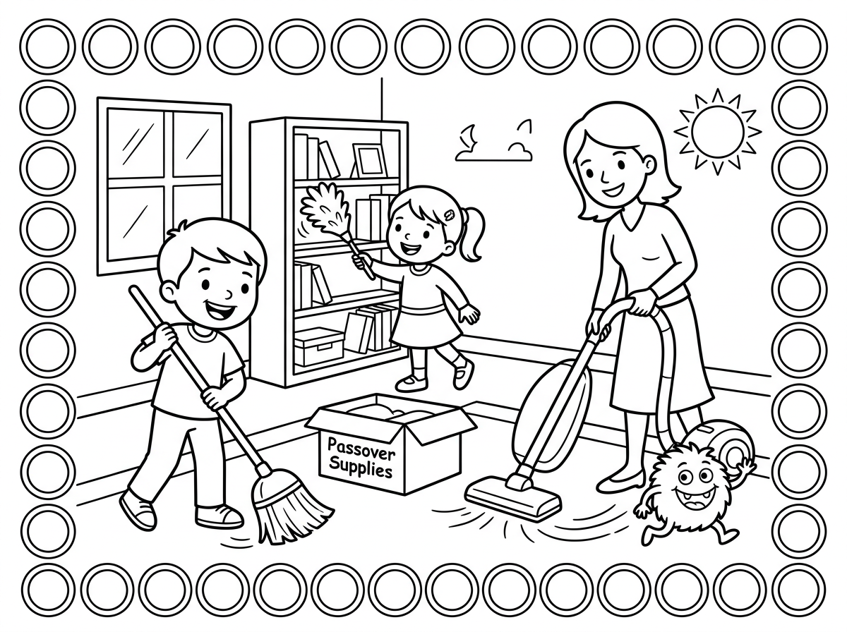 תכין לי ציור לפסח שבו ילדים מנקים ומסגרת של עיגולים להדביק מדבקות