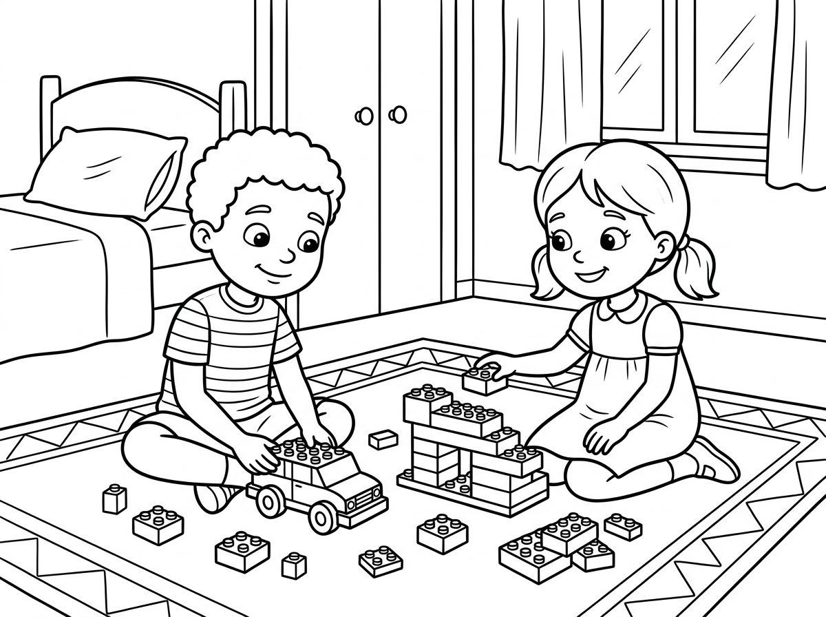 צור לי דף צביעה שבו יש שני ילדים בני 5 שמשחקים ביחד בלגו על שטיח בתוך חדר. יש בחדר מיטה, ארון וחלון