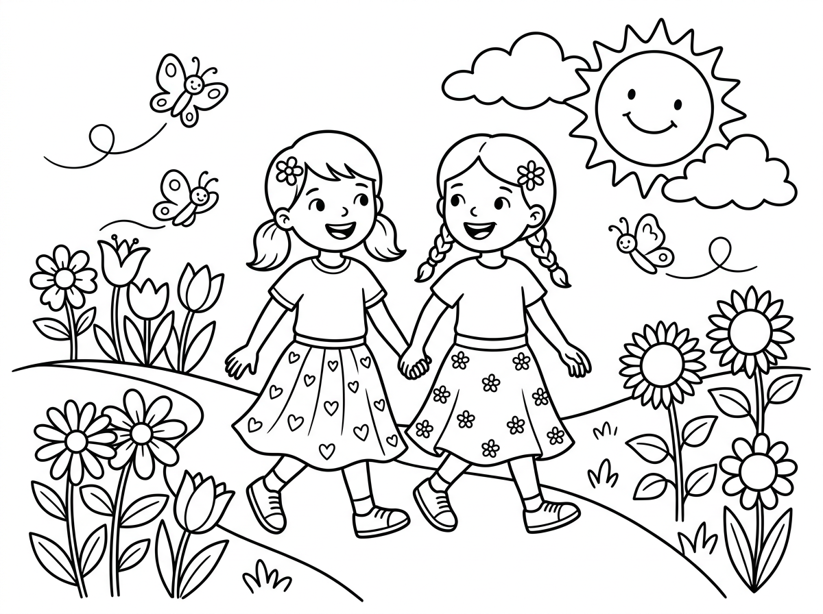 צור לי דף צביעה 
של האביב פרחים פרפרים שמש מחייכת וילדות מתוקות עם חצאית מטיילות ושמחות