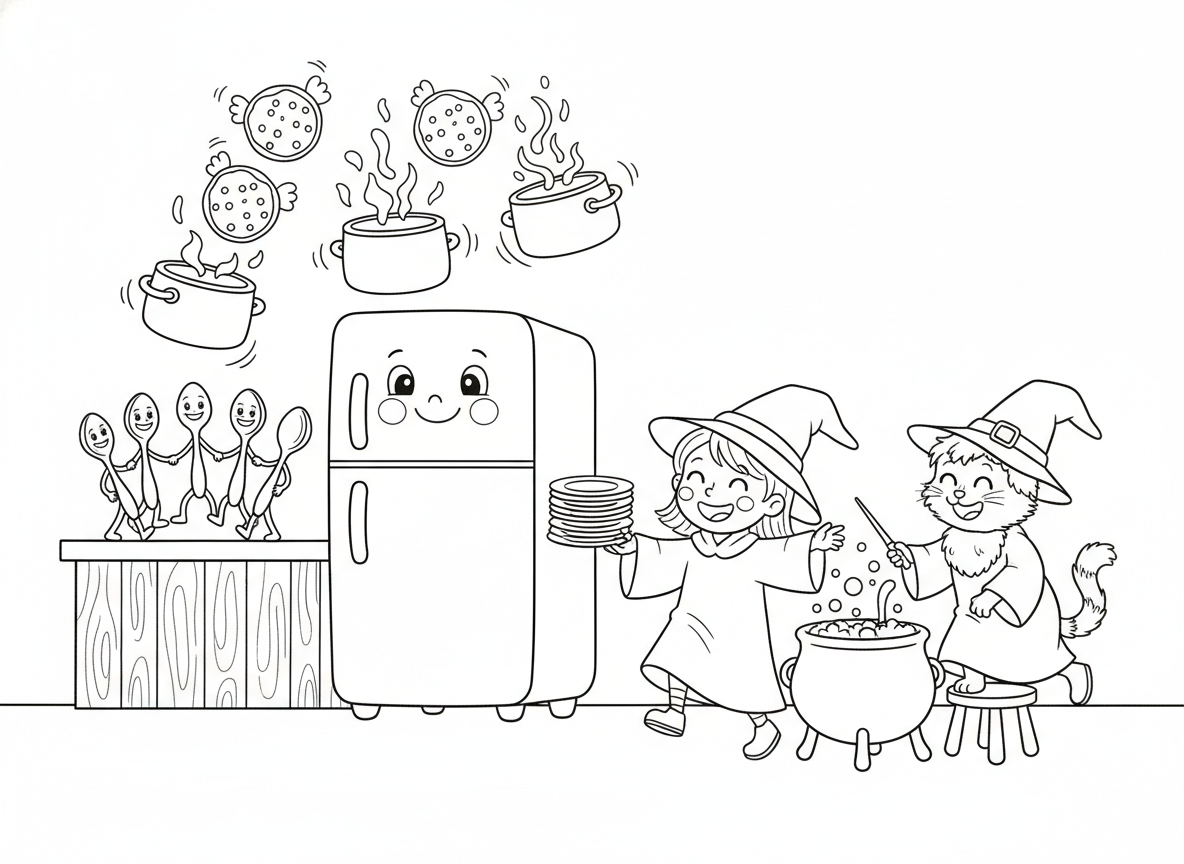 מטבח של מכשפים ילדים
סירים עם עוגיות מעופפות, כפיות רוקדות, מקרר שמחייך, וחתול שמערבב מרק עם שרביט.