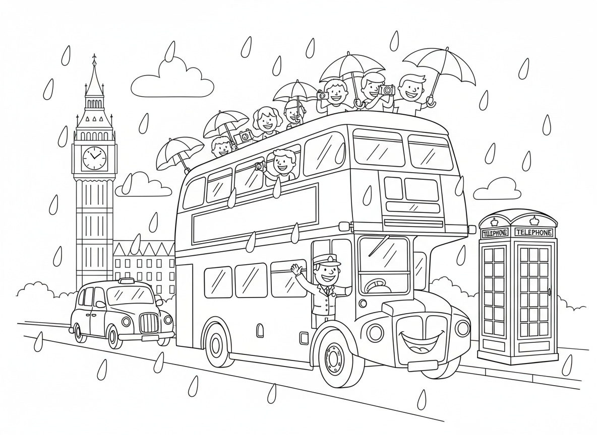 אוטובוס קומותיים בלונדון - אוטובוס קומותיים אדום קלאסי נוהג בלונדון, ביג בן ברקע, תיירים בקומה העליונה מצלמים, כרטיסן אוטובוס, מזג אוויר גשום עם מטריות, מונית שחורה לצד, תא טלפון