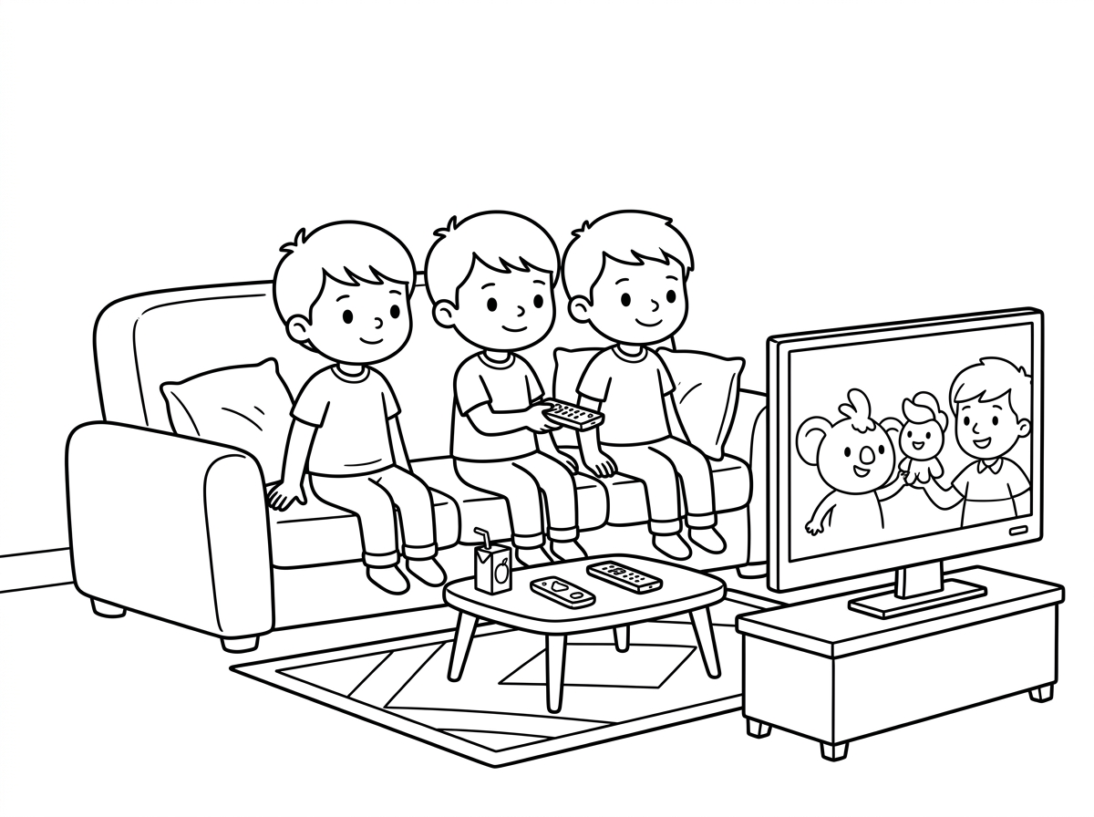 צור לי דף צביעה שבו ילד בן 5 צופה בטלוויזיה בסלון. הוא יושב על הספה עם שני בנים בני 5. בסלון יש שולחן קטן ושטיח.