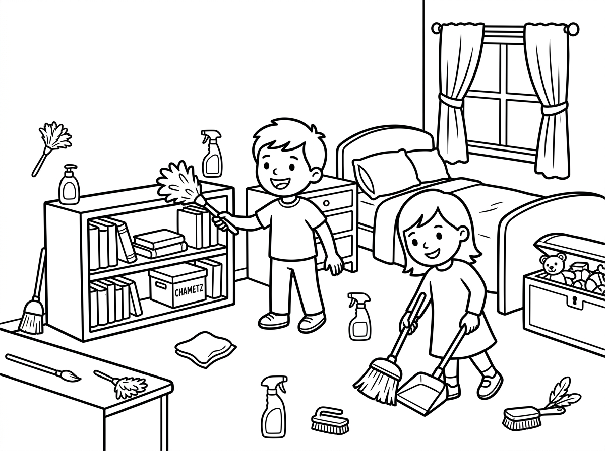 תכין לי דף צביעה שבו יש ילדים שמנקים את החדר לפסח . ומסתתרים בו כלי נקיון שהילד צריך למצוא
