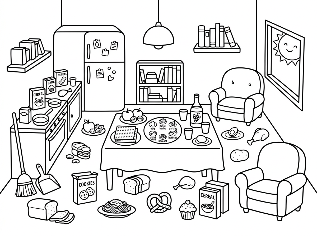 בבקשה תיצור לי דף צביעה של מאכלים כשרים לפסח ומאכלים  חמץ מפוזרים בכל הבית