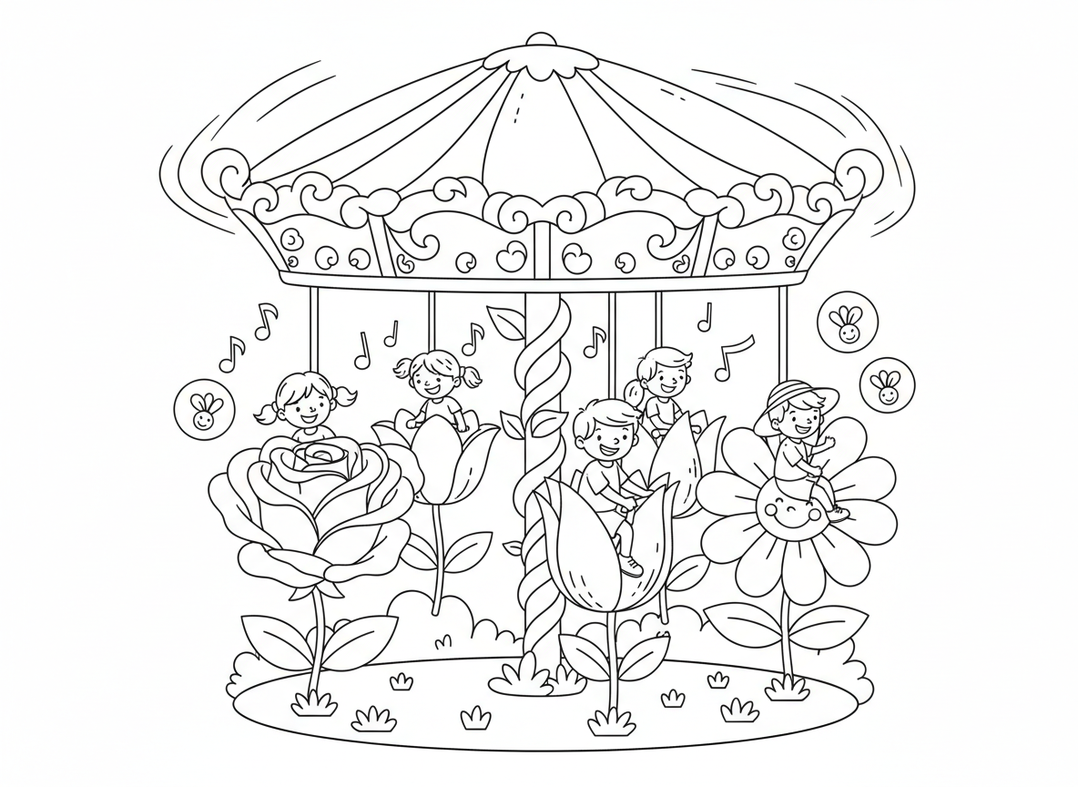 קרוסלת פרחים בפארק - קרוסלה קסומה שהנסיעות הן פרחים ענקיים במקום סוסים, ילדים רוכבים על ורדים צבעונים וחינניות, עמוד פרחים במרכז, גג עלי כותרת מסתובב, תווי מוזיקה מפרחים, אורות גחליליות