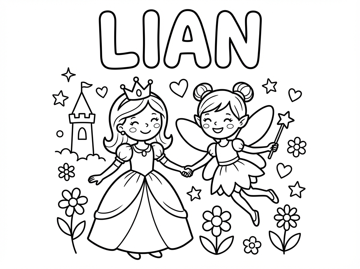 תכין לי דף צביעה לבת עם נסיכות ופיות ושם של הילדה באנגלית 
ליאן