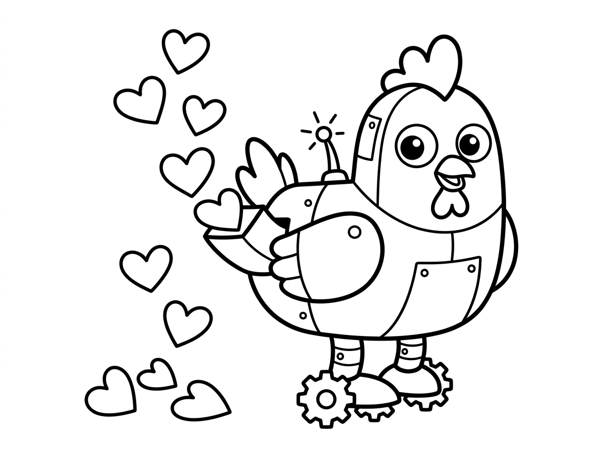 תיצור לי דף צביעה של תרנגולת רובוט שמייצרת לבבות