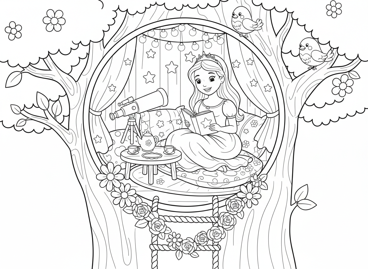 מחבוא בית עץ סודי של נסיכה - נסיכה בבית עץ מחבוא מפנק מקושט באורות פיות ווילונות, פינת קריאה עם כריות, טלסקופ, ערכת תה קטנה, סולם חבל עם זרי פרחים, ציפורים מבקרות