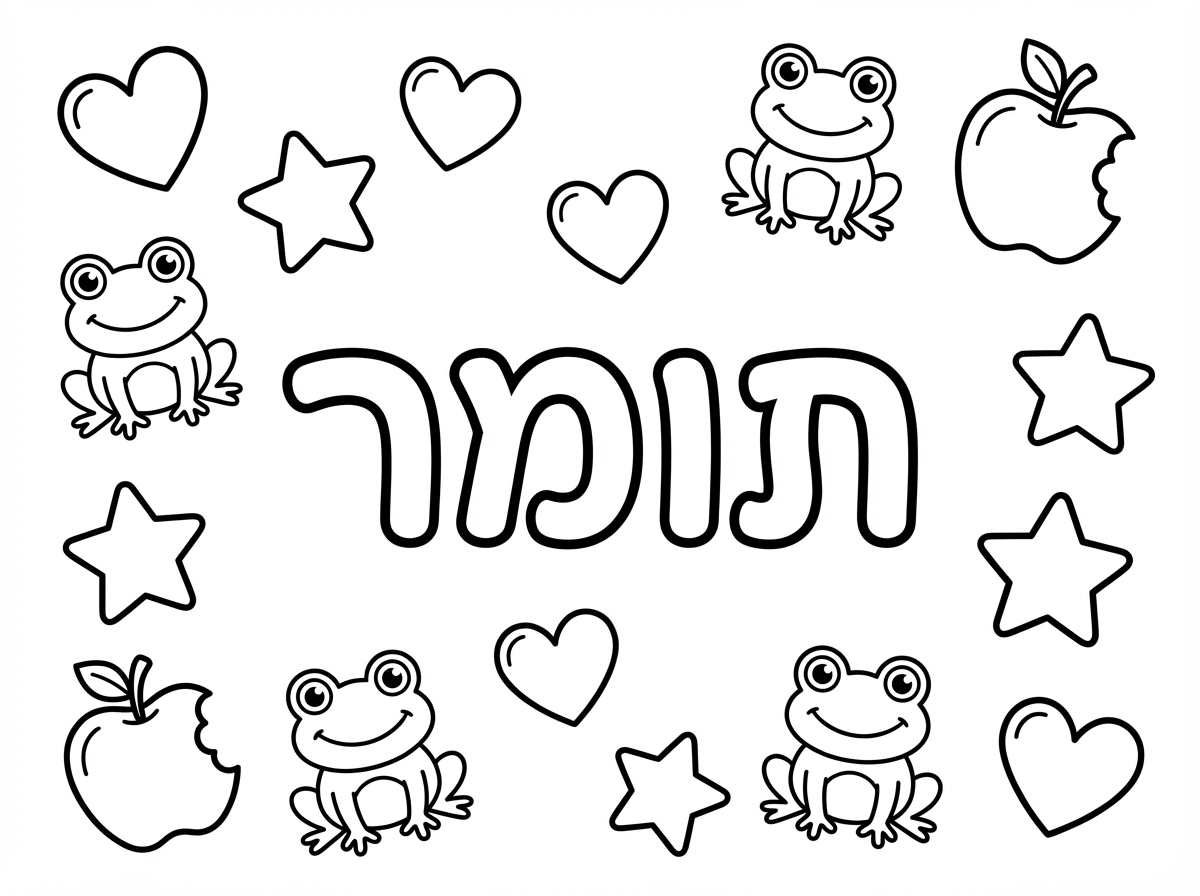 צור לי דף צביעה עם השם תומר בגדול באמצע ומסביב לבבות, כוכבים, צפרדעים, תפוחים נגוסים בביס אחד