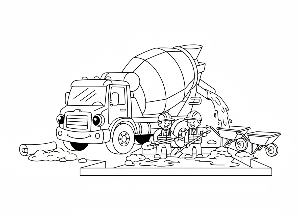 מערבל בטון מסתובב - משאית מערבל בטון גדולה עם פרצוף שמח, תוף מסתובב ושופך בטון, פועלי בניין מכוונים את השפיכה, מריצות מוכנות, יסודות מונחים, קסדות ואפודי בטיחות, תוכניות