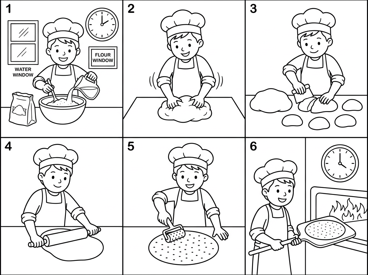 אני רוצה את תהליך אפיית מצות בחלוקה ל6 שלבים 
כל שלב יהיה בכרטיס נפרד 

זאת אומרת שיהיו בדף 6 כרטיסים ובכל כרטיס יהיה שלב ממאפיית מצות 
ערבוב קמח ומים- כשברקע יש את חלון מים שלנו וחלון קמח
לישת הבצק
חלוקת הבצק
רידוד הבצק- 
ניקוב המצה- עי מרדד כזה
אפיית המצה 

שיהיו מצות עגולות 
ןברקע יהיה גם שעון - שירמז על המהירות וחשיבה על הזמנים