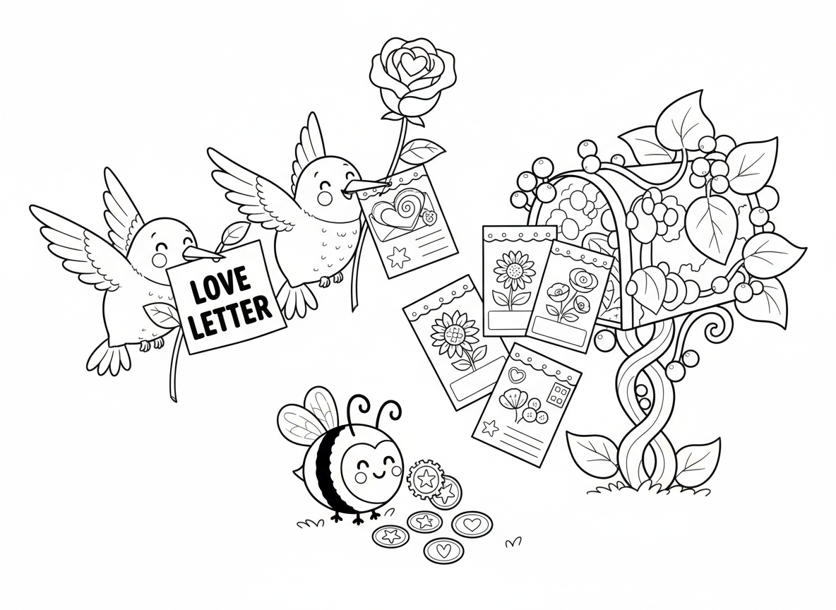 משלוח דואר פרחים - פרחים מגיעים כדואר על ידי יונקי דבש, כל פרח הוא מכתב או הודעה, חבילות זרעים כגלויות, תיבת דואר גפן, בולי עלי כותרת, דבורה ממיינת דואר, מכתב אהבה ורד