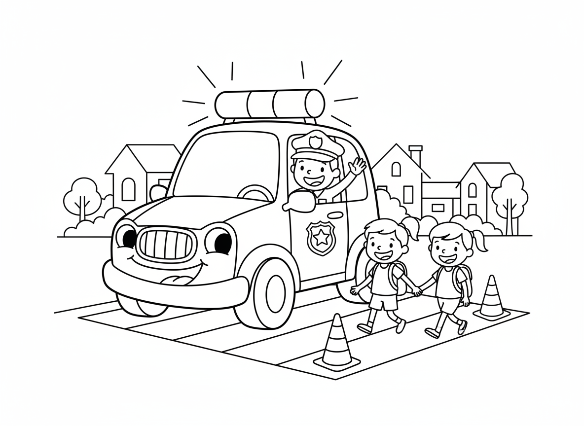 ניידת משטרה בסיור - ניידת משטרה ידידותית עם פרצוף מחייך מסיירת בשכונה, שוטר מנופף מהחלון, אורות מהבהבים למעלה, תג על הדלת, קונוסי תנועה, מעבר חציה עם ילדים חוצים בבטחה