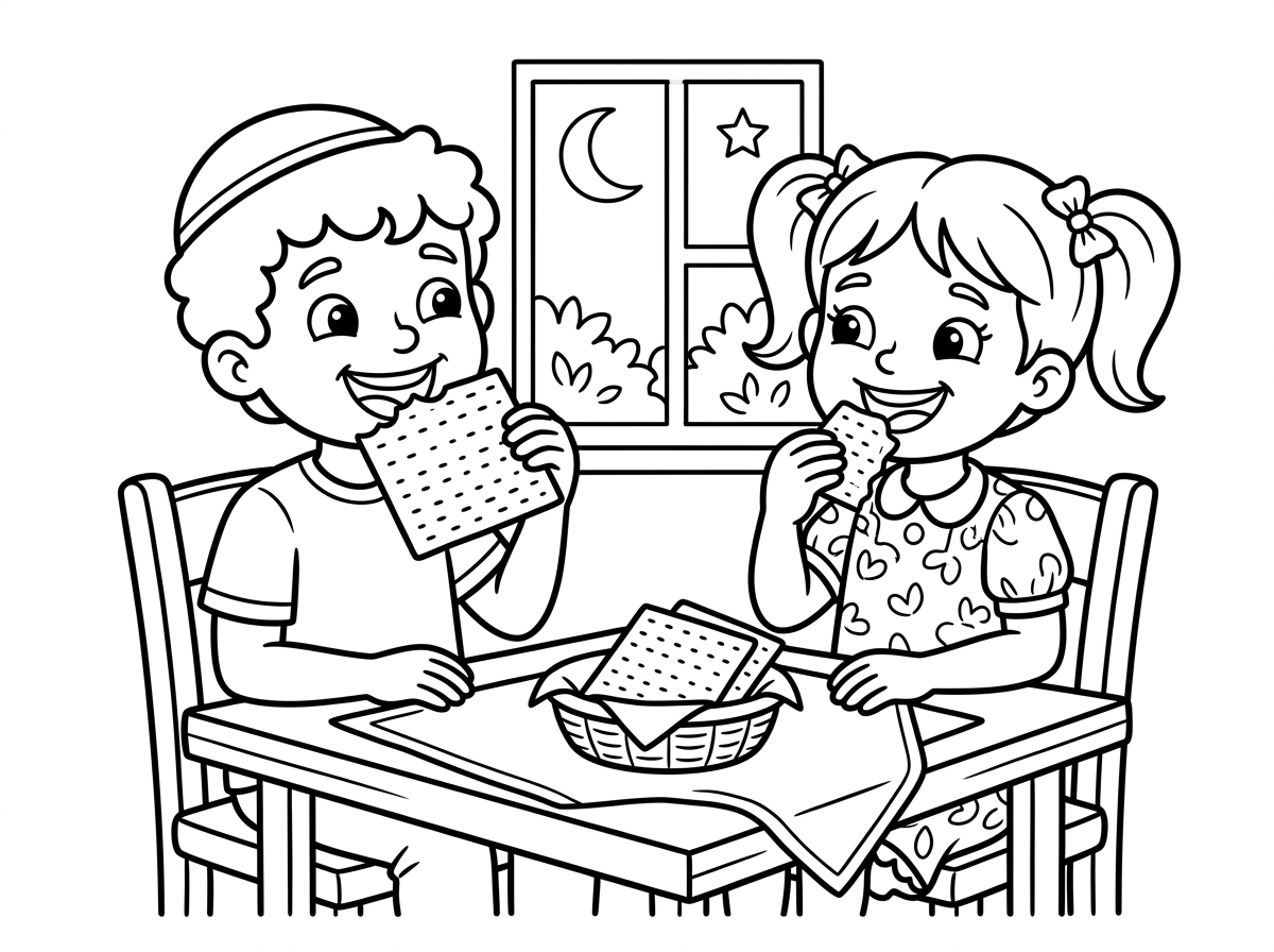 תיצור לי דף צביעה של ילדים אוכלים מצה