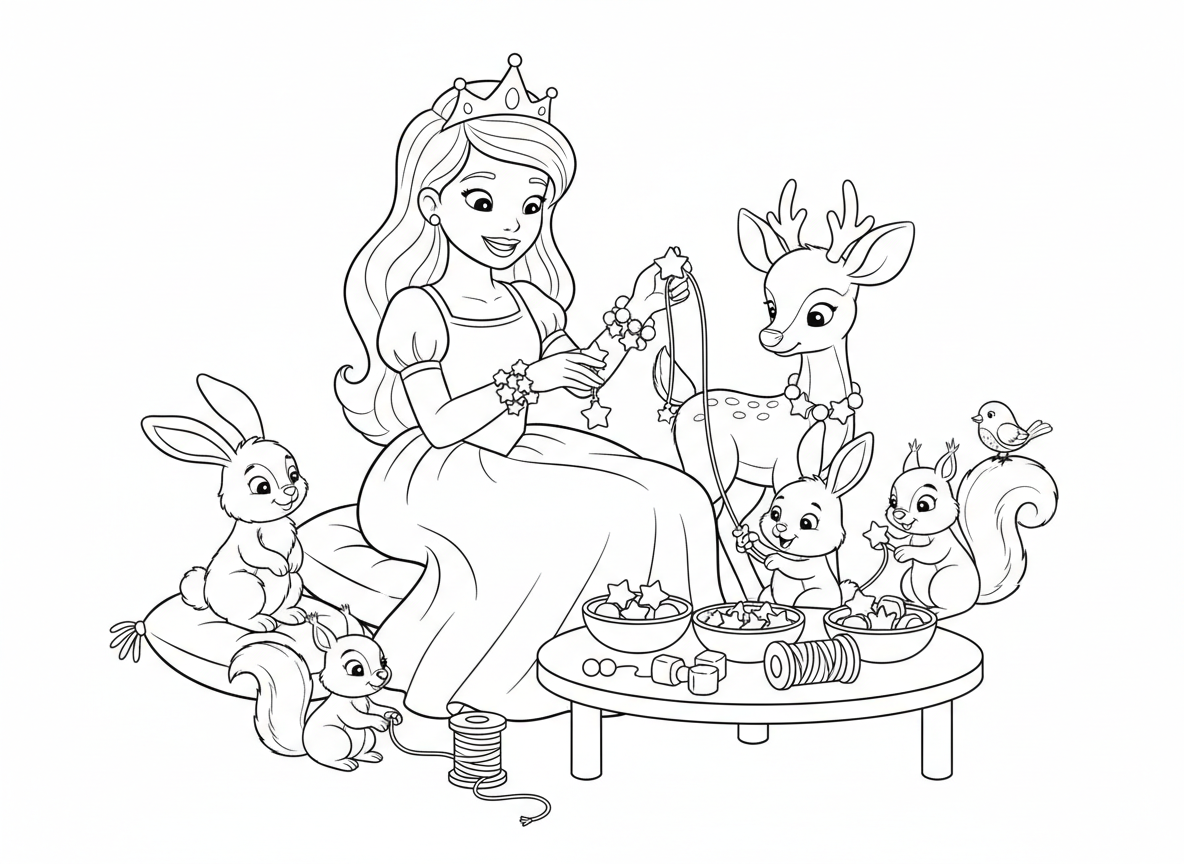 נסיכה מכינה צמידי חברות - נסיכה מכינה צמידי חברות צבעוניים עם חברותיה החיות, חרוזים בצורת כתרים וכוכבים, חוטים בצבעי קשת, ארנב מנסה להשחיל חרוז עם כפות זעירות, צמידים מוכנים על כולם