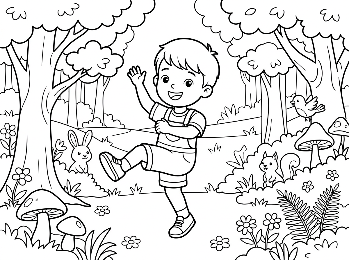 תעשה לי דף צביעה של הילד החמוד הזה שהוא רוקד באמצע היער.