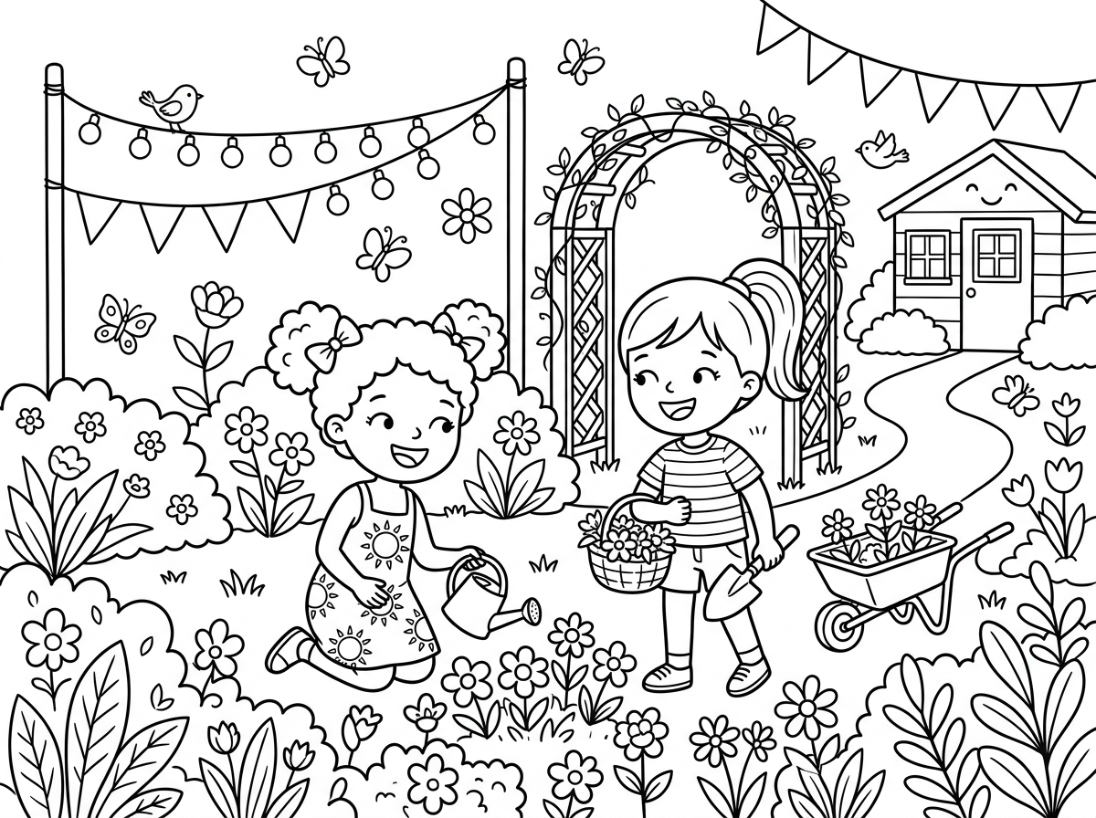 תכין לי ציור של גן ילדות שמחות מקושט ומאובזר