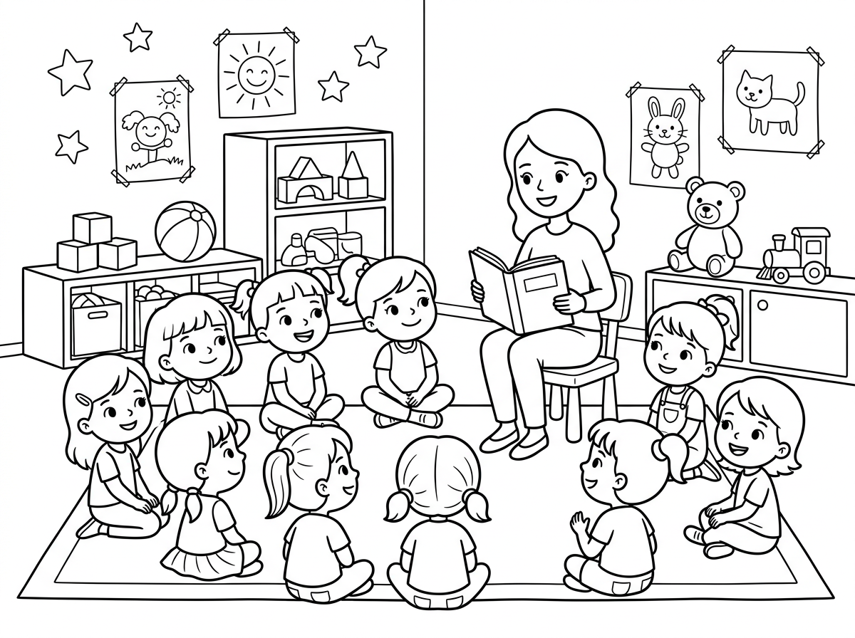 צור דף צביעה של גן ילדות, עם הרבה ילדות שמחות יושבות בריכוז ומקשיבות לגננת. הגן מקושט ומאובזר במשחקים